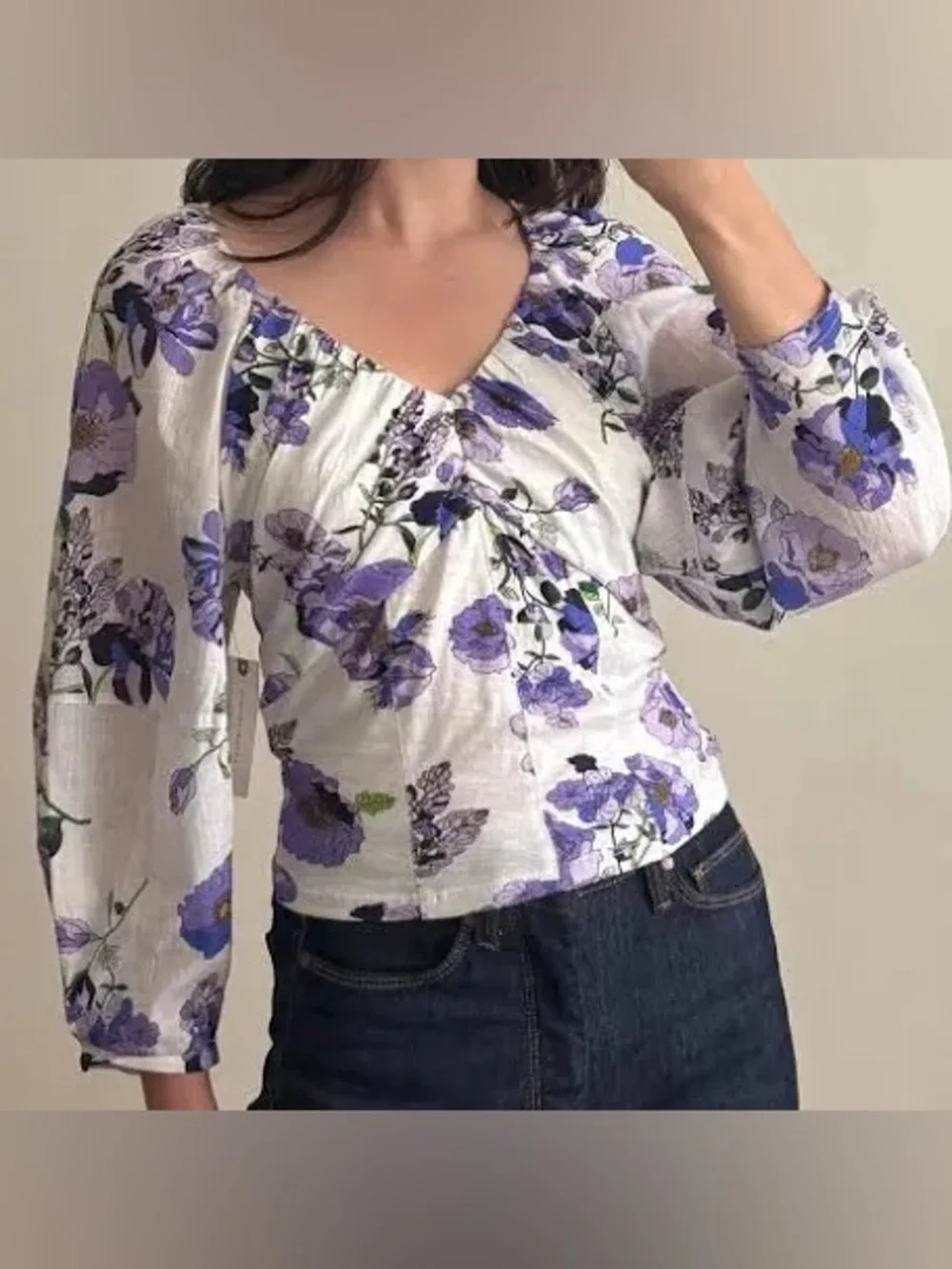 Anthropologie Floral Print V-Neck Ruched Knit Top Smocked Size XS Coquette Boho